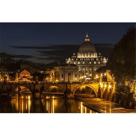 Saint Peters Basilica The Worlds Largest Church At Nighttime - Vatican City Italy Poster Print by Reynold Mainse - 38 x 24 - Large