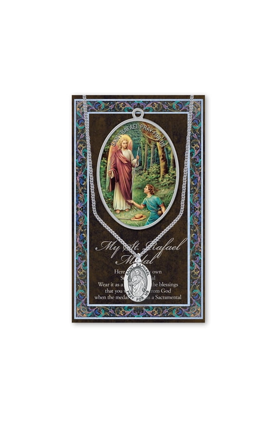 St Raphael Pendant Pewter Medal on 18 Inch Stainless Steel Chain