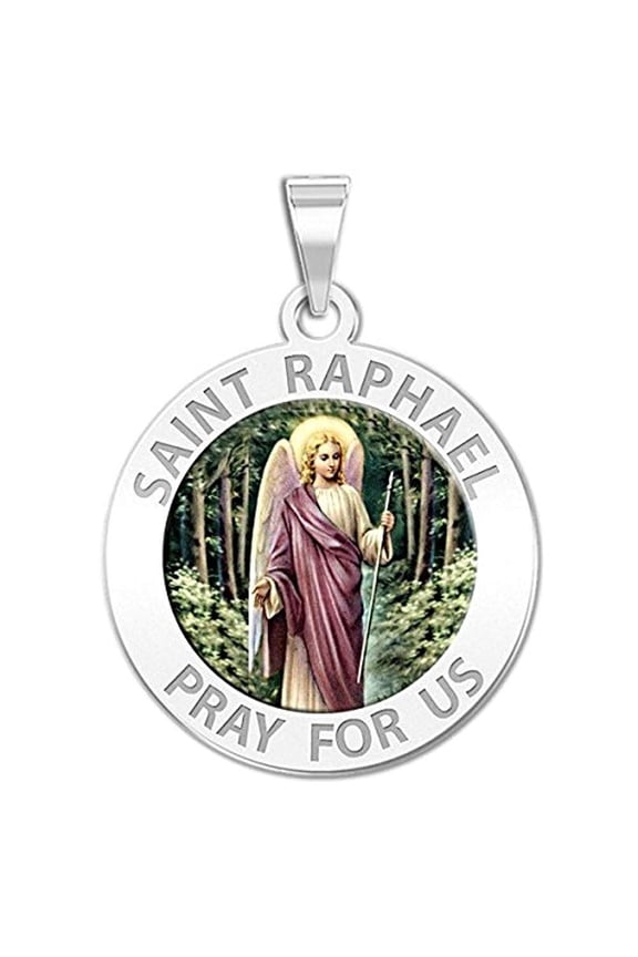 Saint Raphael Color Religious Medal Unisex Female Adult - 1 inch Size of a Quarter, Solid 14K White Gold