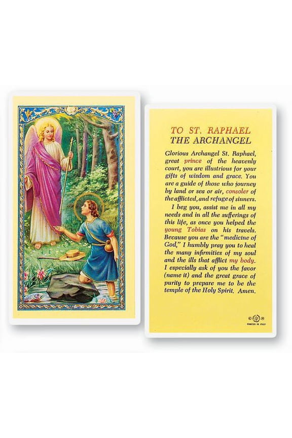 Saint Raphael Laminated Catholic Prayer Holy Card with Prayer on Back, Pack of 25