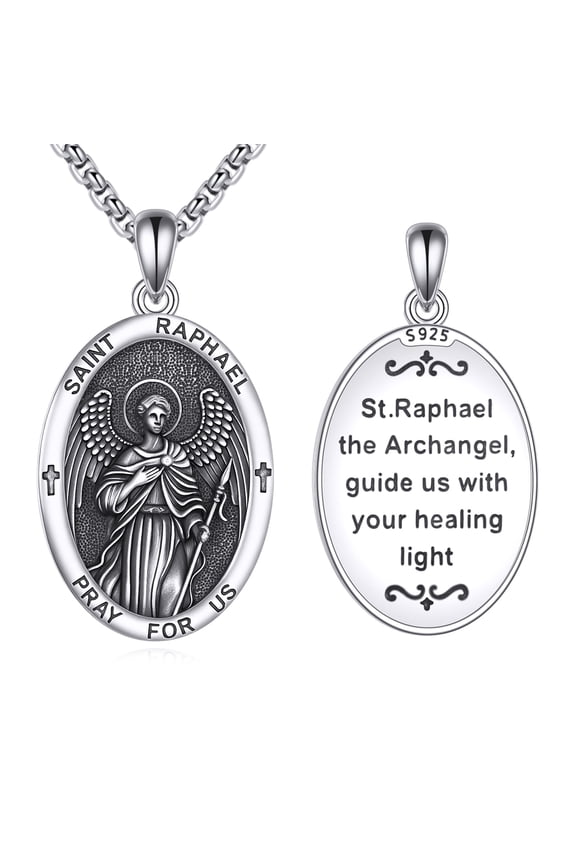 Saint Raphael Necklace for Men Women 925 Sterling Silver St. Raphael the Archangel Medal Pendant Amulet Religious Jewelry Gifts For Family Friends
