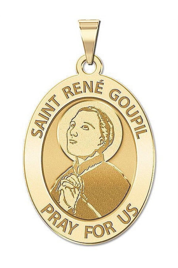 Saint Rene Goupil OVAL - 2/3 X 3/4 Inch Size of Nickel, Solid 14K Yellow Gold