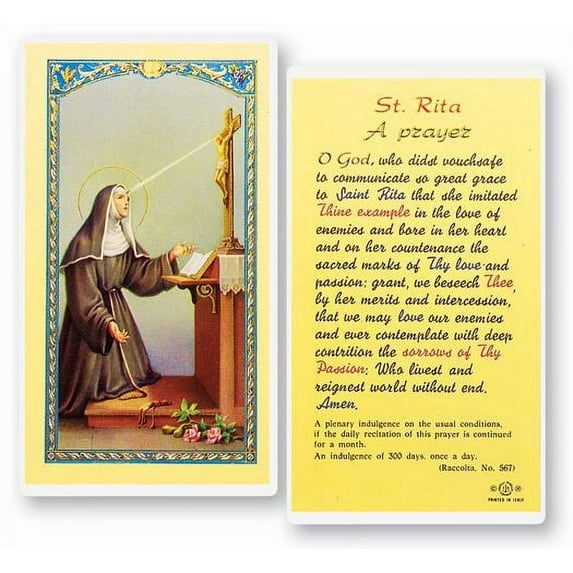 Saint Rita Laminated Catholic Prayer Holy Card with Prayer on Back, Pack of 25