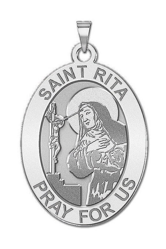 Saint Rita Oval Religious Medal Female Adult - 2/3 x 3/4 inch Size of a Nickel -Solid 14K White Gold