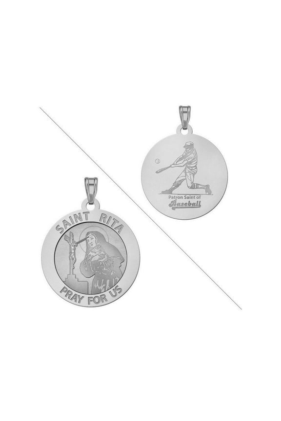 Saint Rita Religious Medal "Baseball Religious Medal" 1 Inch Solid 14K White Gold