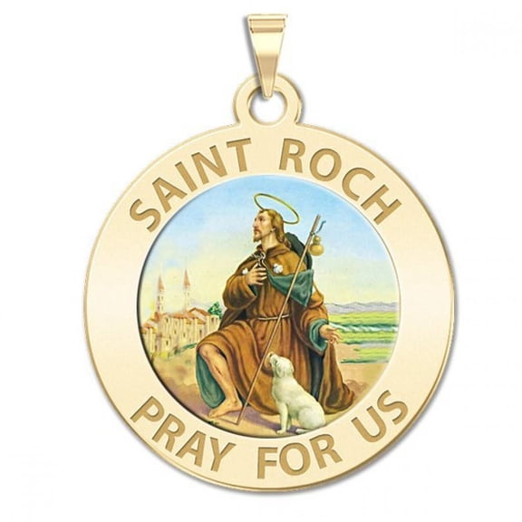 Saint Roch Religious Medal Color - 1 Inch Size of a Quarter -Solid 14K Yellow Gold