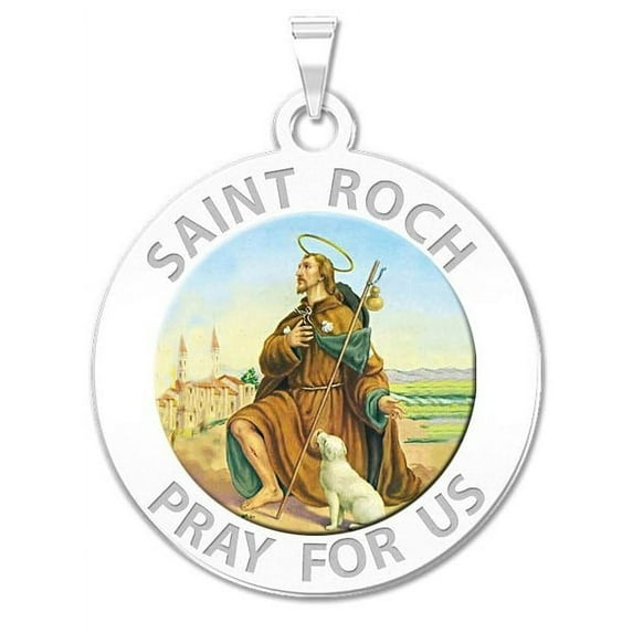 Saint Roch Religious Medal Color - 3/4 Inch Size of a Nickel -Solid 14K White Gold