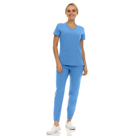 Saint Scrubs Women’s 9-Pocket Medical Scrub Set – V-Neck Stretch Top & 7-Pocket Jogger Pants, Lightweight, Easy Care Uniforms for Nurses & Healthcare, Ceil, Medium