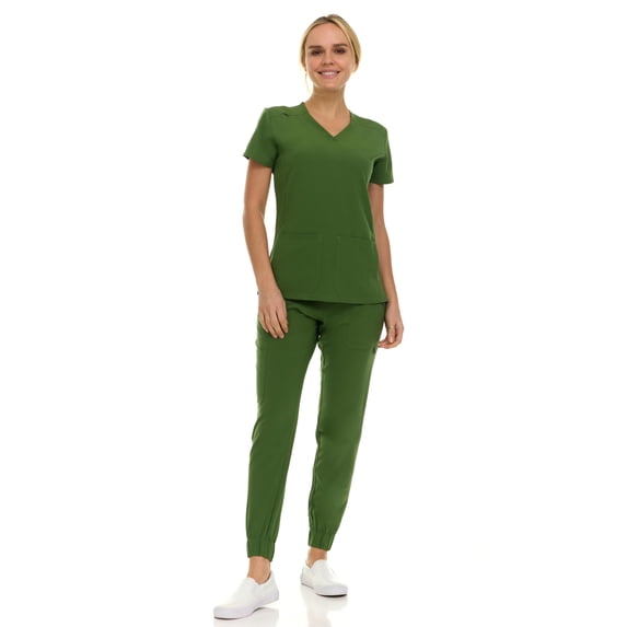 Saint Scrubs Women’s 9-Pocket Medical Scrub Set – V-Neck Stretch Top & 7-Pocket Jogger Pants, Lightweight, Easy Care Uniforms for Nurses & Healthcare, Green Willow, Extra Large