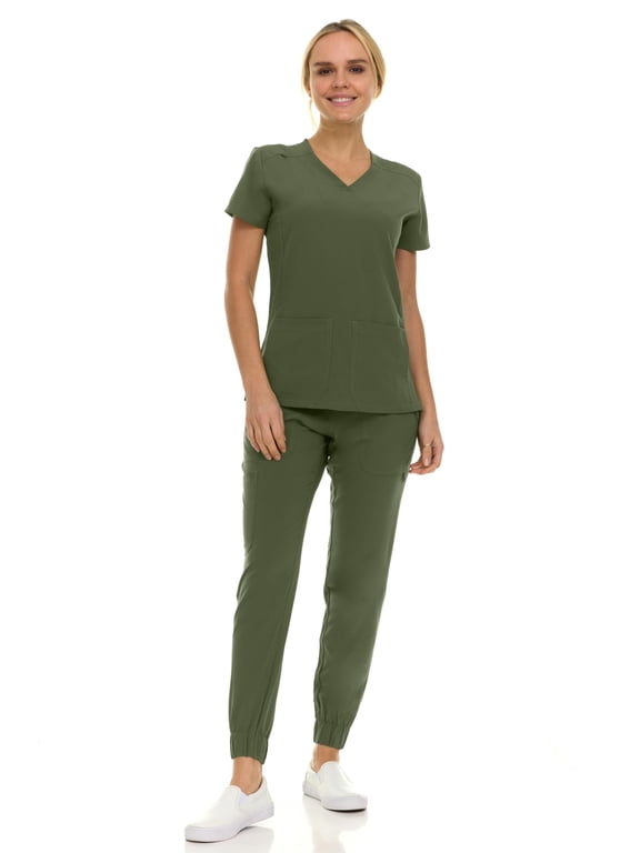 Saint Scrubs Women’s 9-Pocket Medical Scrub Set – V-Neck Stretch Top & 7-Pocket Jogger Pants, Lightweight, Easy Care Uniforms for Nurses & Healthcare, Olive, Large