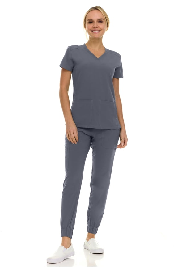 Saint Scrubs Women’s 9-Pocket Medical Scrub Set – V-Neck Stretch Top & 7-Pocket Jogger Pants, Lightweight, Easy Care Uniforms for Nurses & Healthcare, Pewter, Small