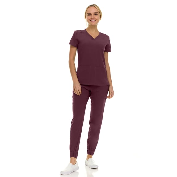 Saint Scrubs Women’s 9-Pocket Medical Scrub Set – V-Neck Stretch Top & 7-Pocket Jogger Pants, Lightweight, Easy Care Uniforms for Nurses & Healthcare, Plum, Large