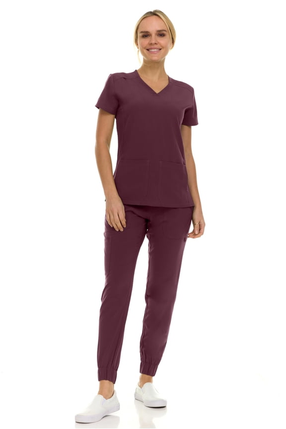 Saint Scrubs Women’s 9-Pocket Medical Scrub Set – V-Neck Stretch Top & 7-Pocket Jogger Pants, Lightweight, Easy Care Uniforms for Nurses & Healthcare, Plum, Medium