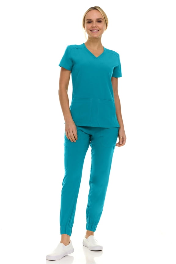 Saint Scrubs Women’s 9-Pocket Medical Scrub Set – V-Neck Stretch Top & 7-Pocket Jogger Pants, Lightweight, Easy Care Uniforms for Nurses & Healthcare, Teal, Large