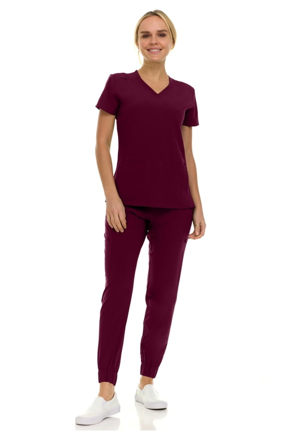 Saint Scrubs Women’s 9-Pocket Medical Scrub Set – V-Neck Stretch Top & 7-Pocket Jogger Pants, Lightweight, Easy Care Uniforms for Nurses & Healthcare, Wine, Extra Large
