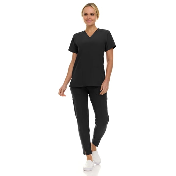 Saint Scrubs Women’s Premium 9-Pocket Scrub Set – Modern Fit Soft V-Neck Top & Tapered Straight-Leg Medical Scrub Pants, Black Medium