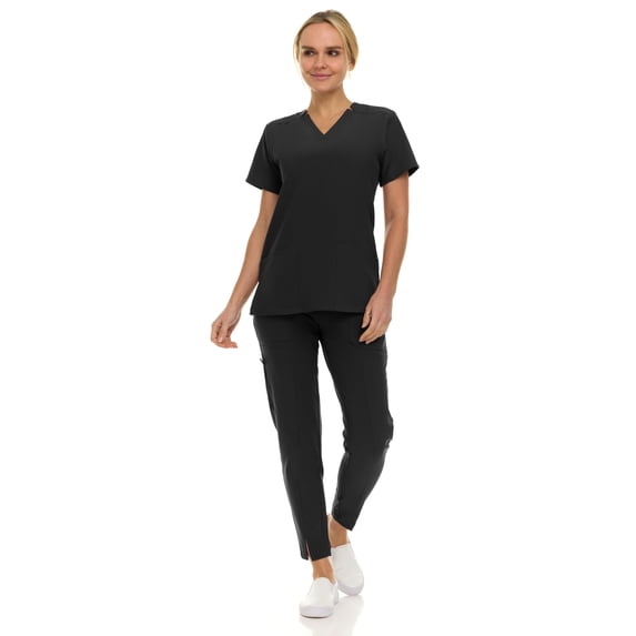 Saint Scrubs Women’s Premium 9-Pocket Scrub Set – Modern Fit Soft V-Neck Top & Tapered Straight-Leg Medical Scrub Pants, Black, Small