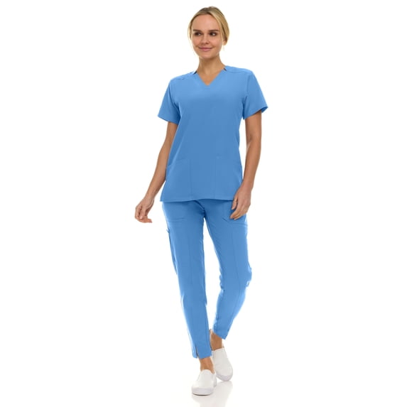 Saint Scrubs Women’s Premium 9-Pocket Scrub Set – Modern Fit Soft V-Neck Top & Tapered Straight-Leg Medical Scrub Pants, Ceil, Extra Large