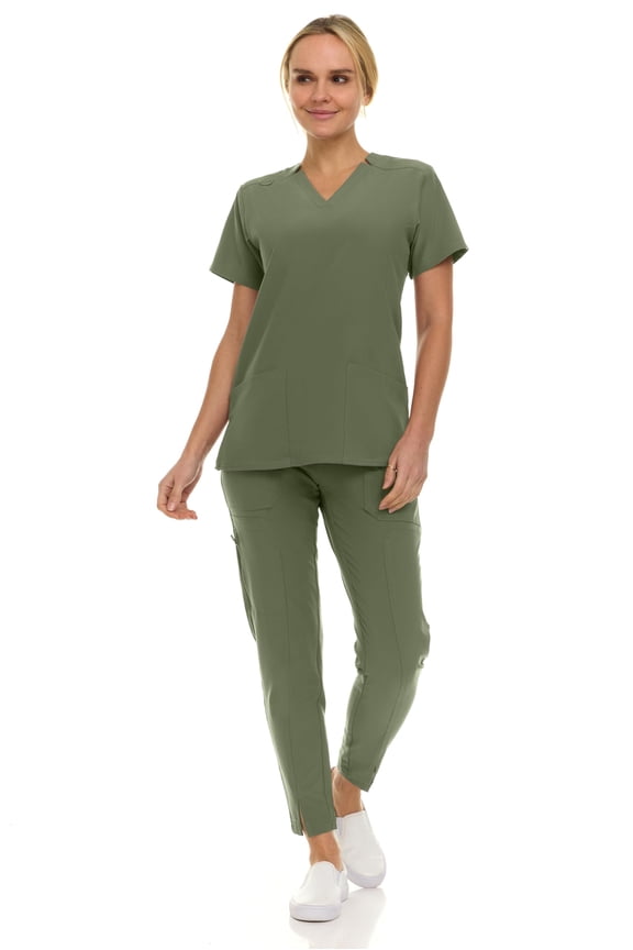 Saint Scrubs Women’s Premium 9-Pocket Scrub Set – Modern Fit Soft V-Neck Top & Tapered Straight-Leg Medical Scrub Pants, Olive, Small