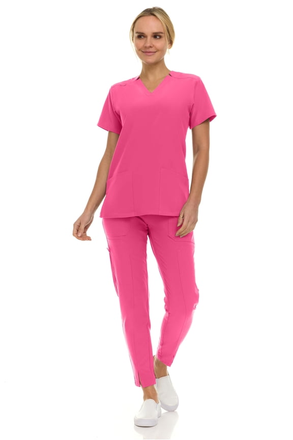 Saint Scrubs Women’s Premium 9-Pocket Scrub Set – Modern Fit Soft V-Neck Top & Tapered Straight-Leg Medical Scrub Pants, Shocking Pink, 2X