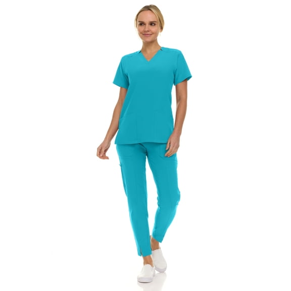 Saint Scrubs Women’s Premium 9-Pocket Scrub Set – Modern Fit Soft V-Neck Top & Tapered Straight-Leg Medical Scrub Pants, Teal, Large