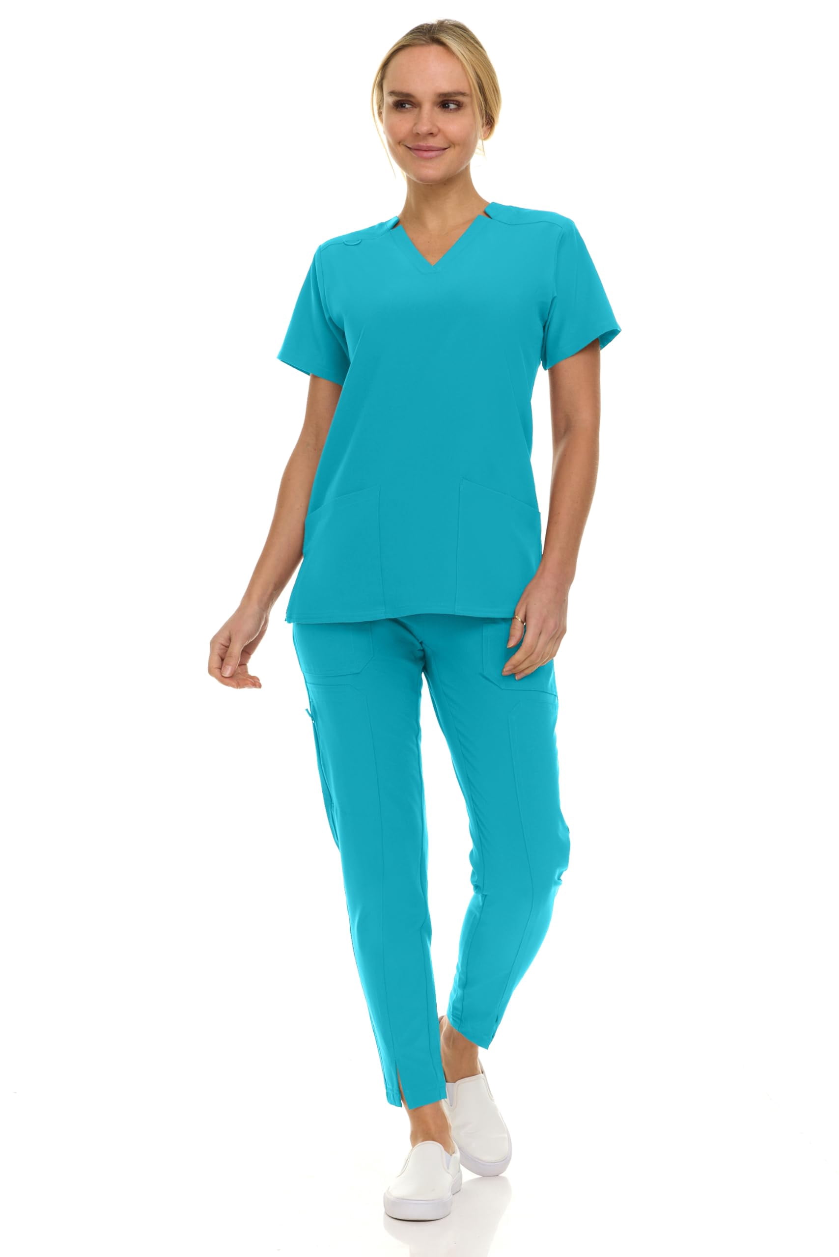 Saint Scrubs Women’s Premium 9-Pocket Scrub Set – Modern Fit Soft V-Neck Top & Tapered Straight-Leg Medical Scrub Pants, Teal, Medium