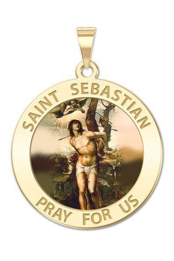 Saint Sebastian Religious Medal Color - 1 Inch Size of a Quarter in Solid 14K Yellow Gold