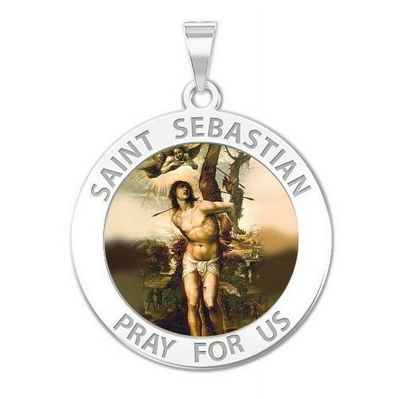 PicturesOnGold.com Saint Sebastian Religious Medal Unisex Female Adult Color - 3/4 inch Size of a Nickel in Solid 14K White Gold