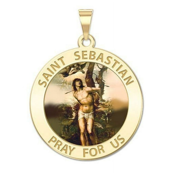 Saint Sebastian Religious Medal Color - 3/4 inch Size of a Nickel in Solid 14K Yellow Gold