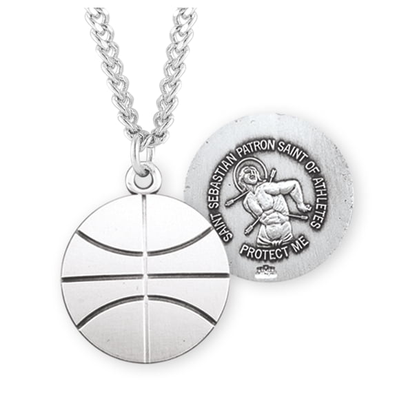 Saint Sebastian Sterling Silver Basketball Athlete Medal | 1.0" x 0.8" (25mm x 21mm) | Made in USA | Deluxe Velvet Gift Box | 24" Rhodium Plated Endless Curb Chain | .925 Sterling Silver | Basketball