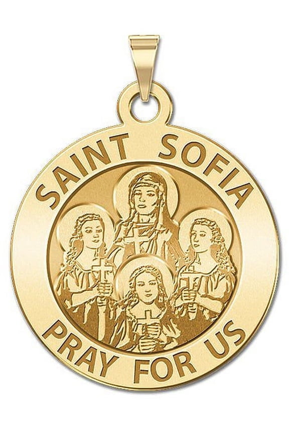 Saint Sofia W/(Hope Faith and Charity) Religious Medal - 2/3 Inch Size of Dime, Solid 14K Yellow Gold