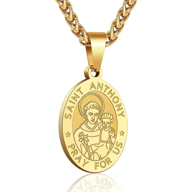 Saint St Anthony Medal Necklace Pendant for Men Boys 24 Inch Religious