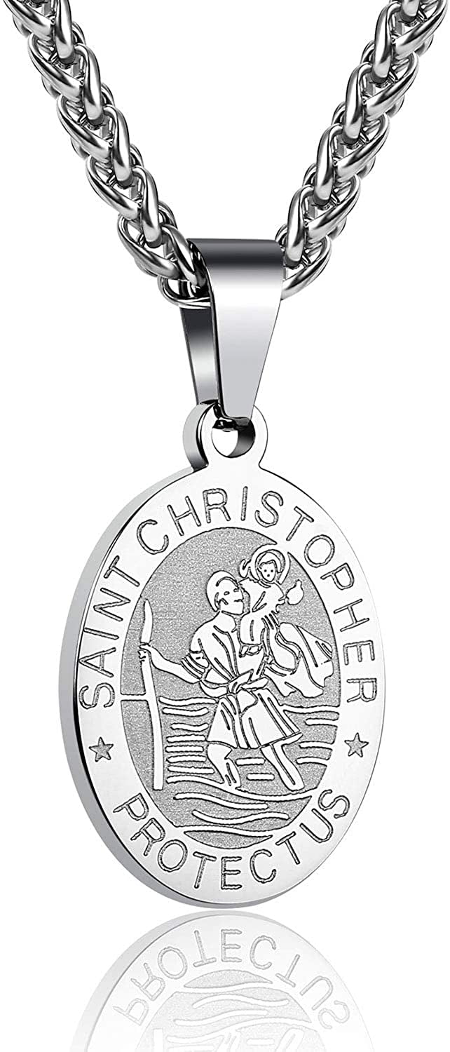 APSVO Silver Saint St Christopher Necklaces for Men Boys Stainless Steel Medal Pendant Chain Christian Religious Catholic Birthday Christmas Jewelry Gifts Teen Dad Adults Stocking Stuffers for Kids