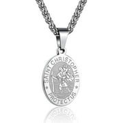 Saint St Christopher Medal Necklace Pendant for Men Boys Father Dad Kid Son Exorcism Protection Amulet 24 Inch Catholic Religious Christian Gift Jewelry Stainless Steel Silver Men Necklace Jewelry