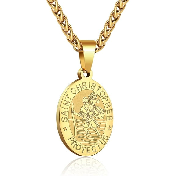 APSVO Gold Saint St Christopher Necklaces for Men Boys Stainless Steel Medal Pendant Chain Christian Religious Catholic Birthday Valentines Day Jewelry Gifts Teen Him Husband Dad Adults Kids Ideas