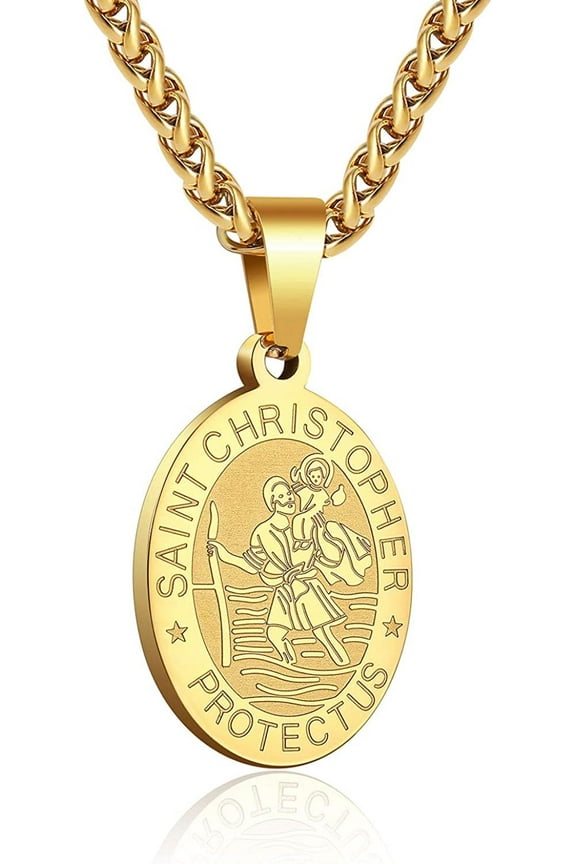 Gold Saint St Christopher Necklaces for Men Boys Stainless Steel Medal Pendant Chain Christian Religious Catholic Birthday Valentines Day Jewelry Gifts Teen Him Husband Dad Adults Kids Ideas