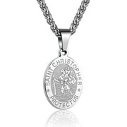 APSVO Silver Saint St Christopher Necklaces for Men Boys Stainless Steel Medal Pendant Chain Christian Religious Catholic Birthday Christmas Jewelry Gifts Teen Dad Adults Stocking Stuffers for Kids
