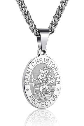 Silver Saint St Christopher Necklaces for Men Boys Stainless Steel Medal Pendant Chain Christian Religious Catholic Birthday First Communion Graduation Fathers Day Jewelry Gifts Teen Dad Kid