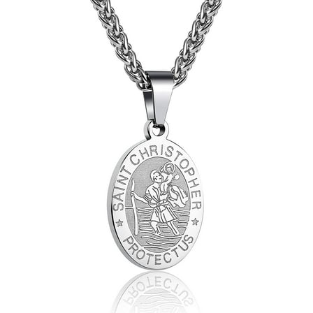 APSVO Silver Saint St Christopher Necklaces for Men Boys Stainless Steel Medal Pendant Chain Christian Religious Catholic Birthday Valentines Day Jewelry Gifts Teen Him Husband Dad Adults Kids Ideas