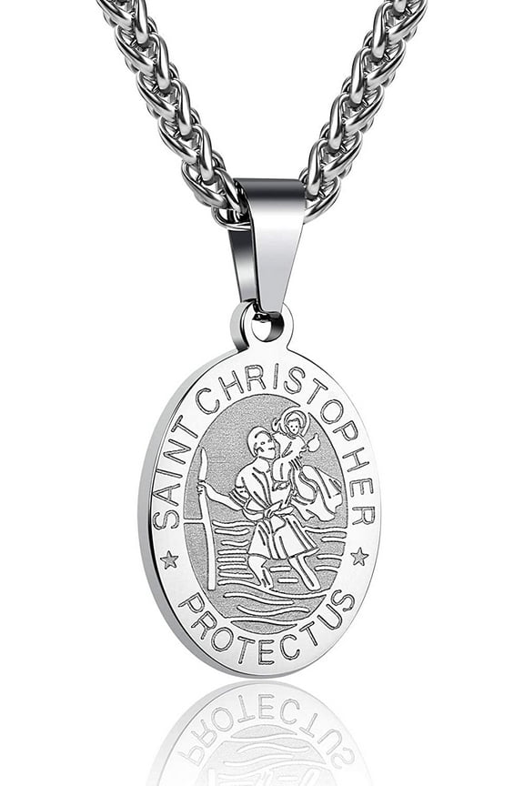 Silver Saint St Christopher Necklaces for Men Boys Stainless Steel Medal Pendant Chain Christian Religious Catholic Birthday Valentines Day Jewelry Gifts Teen Him Husband Dad Adults Kids Ideas