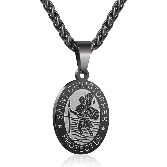 APSVO Black Saint St Christopher Necklaces for Men Boys Stainless Steel Medal Pendant Chain Christian Religious Catholic Birthday Valentines Day Jewelry Gifts Teen Him Husband Dad Adults Kids Ideas