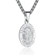 APSVO Silver Saint St Michael Necklaces for Men Boys Stainless Steel Medal Pendant Chain Christian Religious Catholic Birthday First Communion Graduation Fathers Day Jewelry Gifts Teen Him Dad Kids