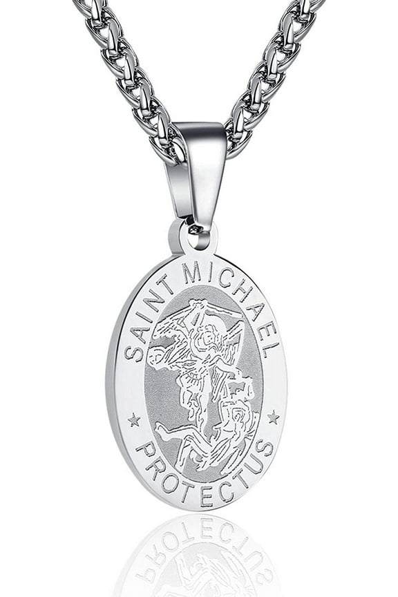 Silver Saint St Michael Necklaces for Men Boys Stainless Steel Medal Pendant Chain Christian Religious Catholic Birthday First Communion Easter Basket Stuffers Jewelry Gifts Teen Adults Kids