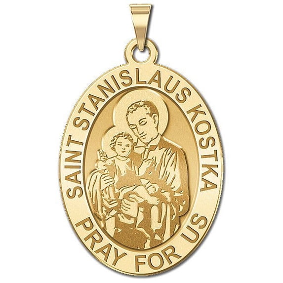 Saint Stanislaus Kostka - Oval Religious Medal - 2/3 X 3/4 Inch Size of Nickel, Solid 14K Yellow Gold
