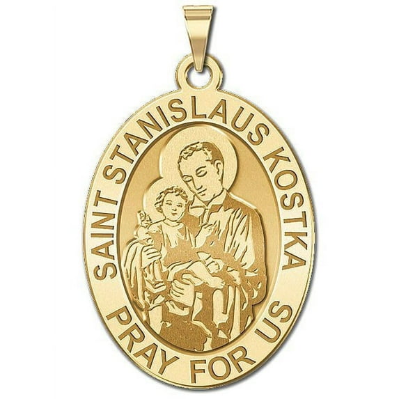 Saint Stanislaus Kostka - Oval Religious Medal - 3/4 inch x 1 inch in Solid 14K Yellow Gold