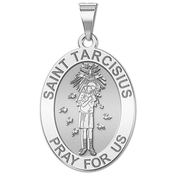 Saint Tarcisius - Oval Religious Medal - 2/3 X 3/4 Inch Size of Nickel, Solid 14K White Gold