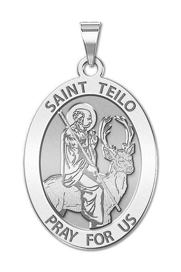 Saint Teilo - Oval Religious Medal - 1/2 X 2/3 Inch Size of Dime, Solid 14K White Gold
