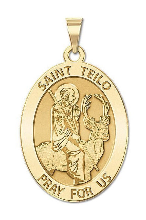 Saint Teilo - Oval Religious Medal - 2/3 X 3/4 Inch Size of Nickel, Solid 14K Yellow Gold