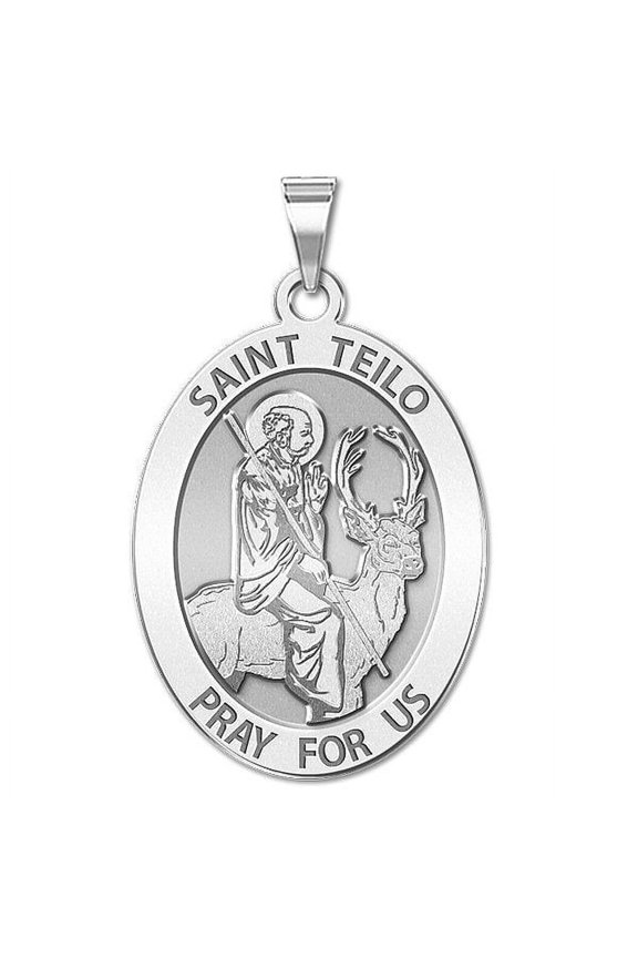 Saint Teilo - Oval Religious Medal - 3/4 Inch X 1 Inch in Solid 14K White Gold