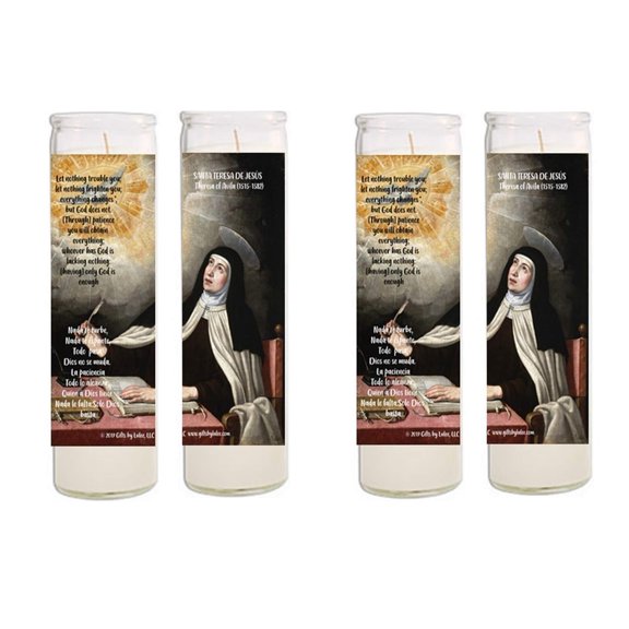 Saint Teresa of Avila Santa Teresa de Jesus Candles Set of 4 - Carmelite Nun Monja Carmelita - Nada Te Turbe Let Nothing Disturb You - 8 Inch Glass Candle